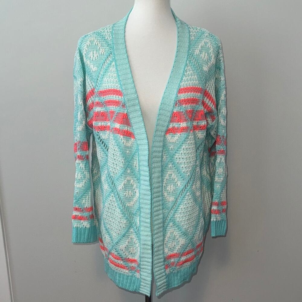 Rolypoly Aqua and Coral Aztec Patterned Open Front Knit Cardigan Women's M